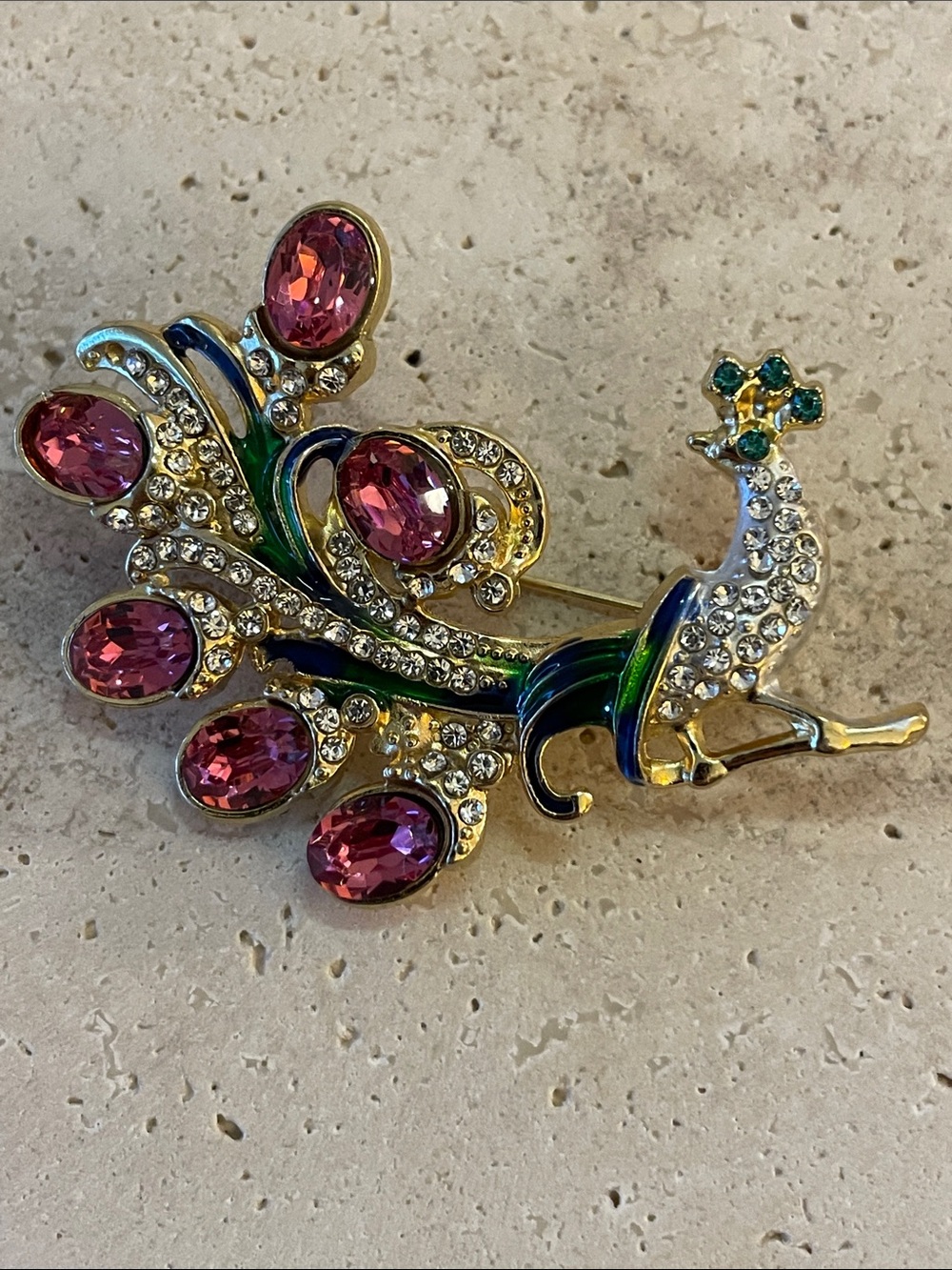 Saks Fifth Avenue Gold Peacock Brooch Pin Pink Green Crystal Statement